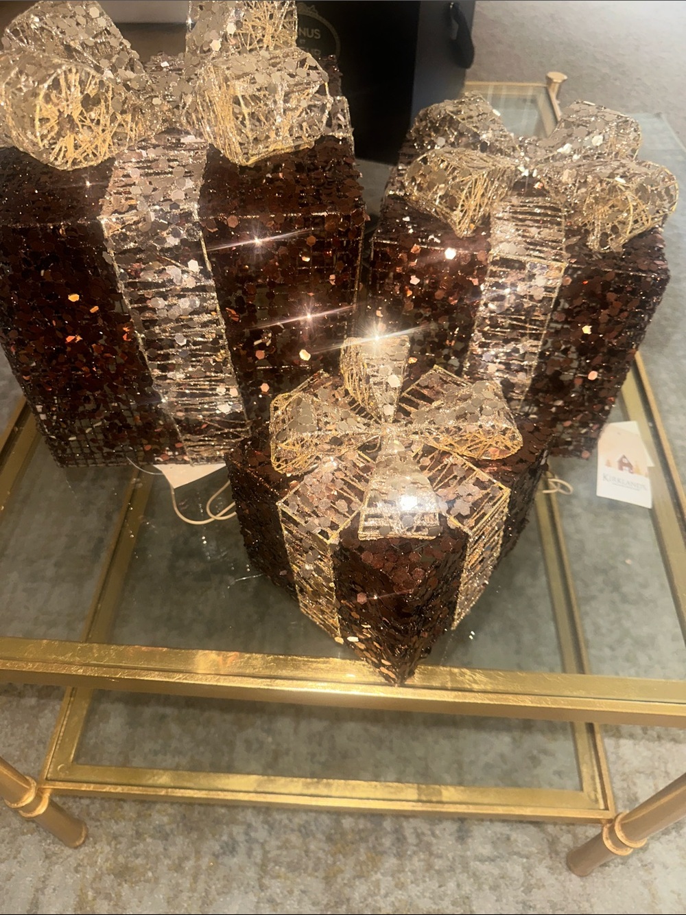 Kirklands Brown Sequin Gift Box Ornaments with Gold Ribbon